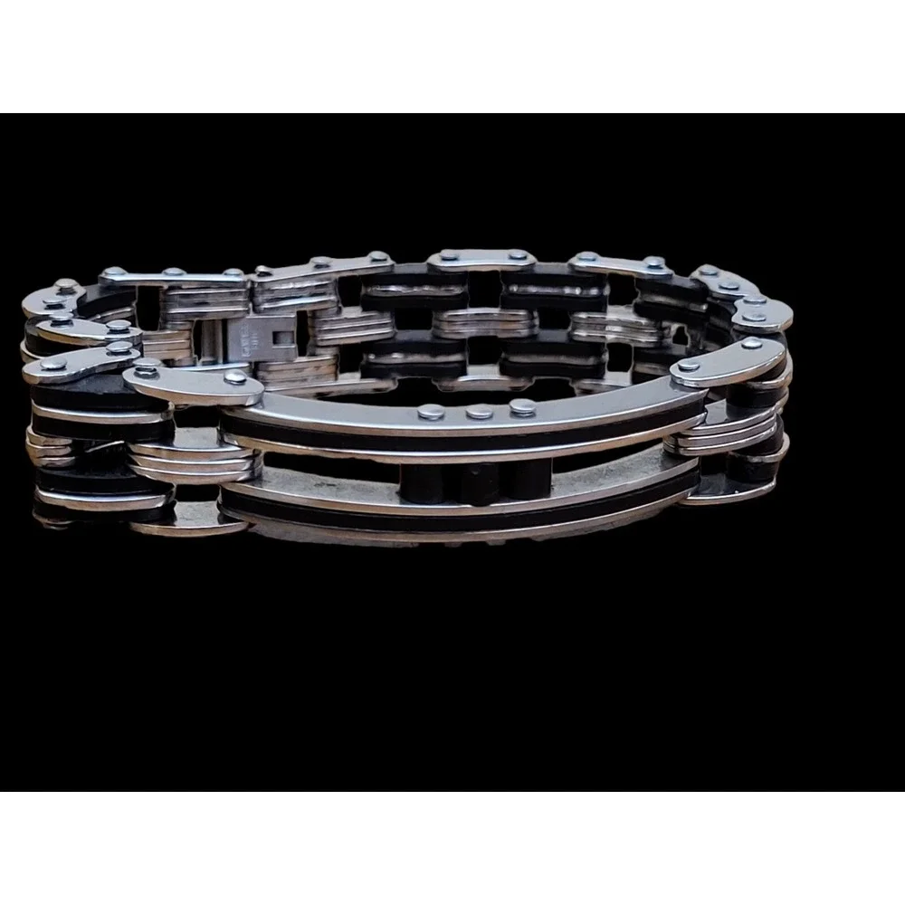 Men's Silver Stainless Steel Motorcycle Bike‎ Chain Link Bracelet Black Accents